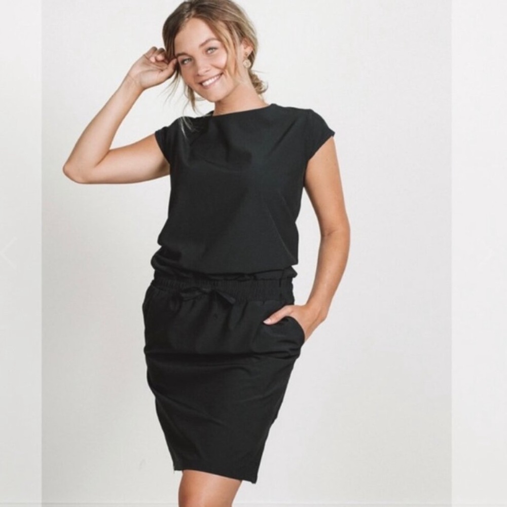 Black Casual Cap-Sleeve Drawstring Waist Dress